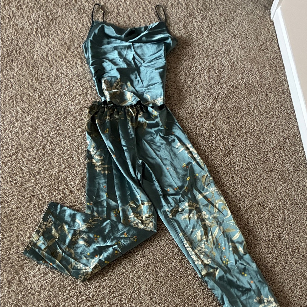 Satin Teal Floral Pajama Set